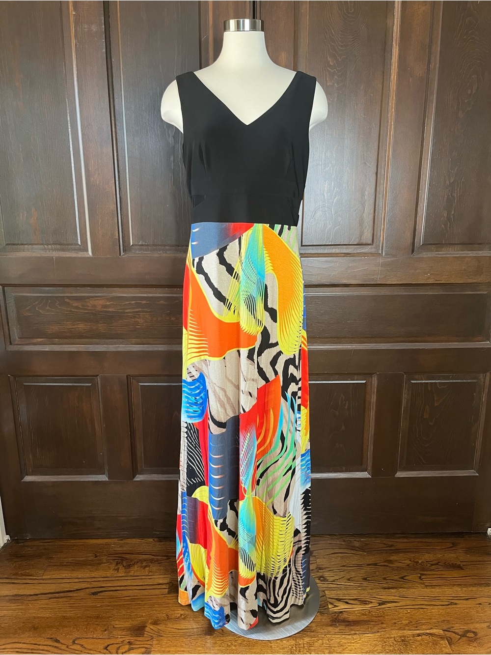 Frank Lyman Sleeveless Maxi Dress Colorful Abstract Jersey V-Neck Size 12